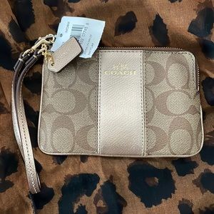 Coach Signature Brown and Metallic Wristlet NWT